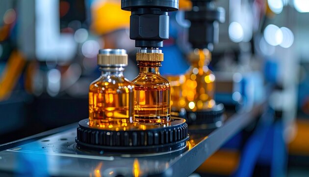 Pharmaceutical Production: Amber Vials Filled by Automated Machinery