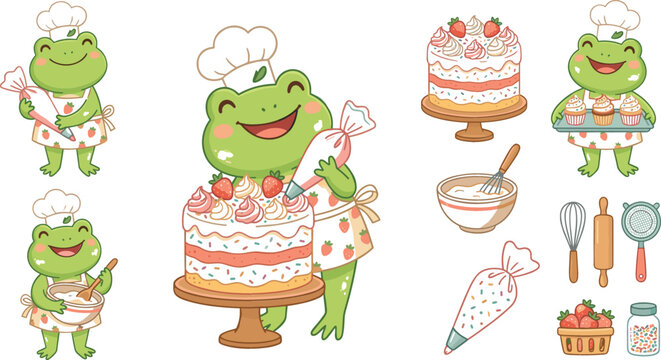 Cute frog chef baking cartoon character sticker sheet with birthday cake cupcakes and pastry cooking elements for kids scrapbook nursery sublimation