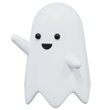 Halloween cute ghost 3d render. Flying cartoon character scary smile face