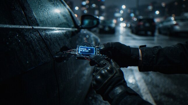 A person wearing black tactical gloves using an electronic hacking device to unlock a dark car door on a rainy street at night.