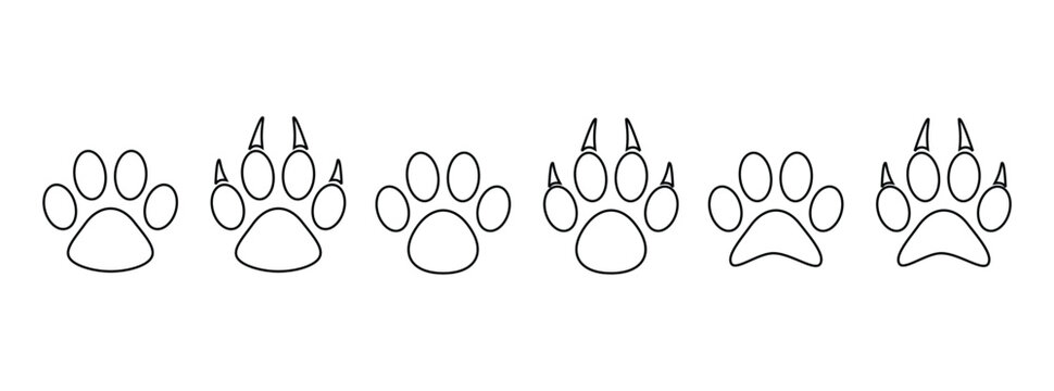 Set of six different animal paw print illustrations featuring varied shapes and claw details for graphic design projects