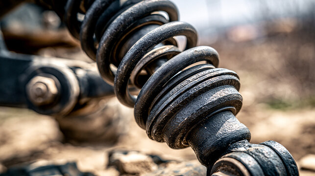 Close up of heavy-duty vehicle suspension spring and shock absorber on an off-road terrain. Ideal for automotive.
