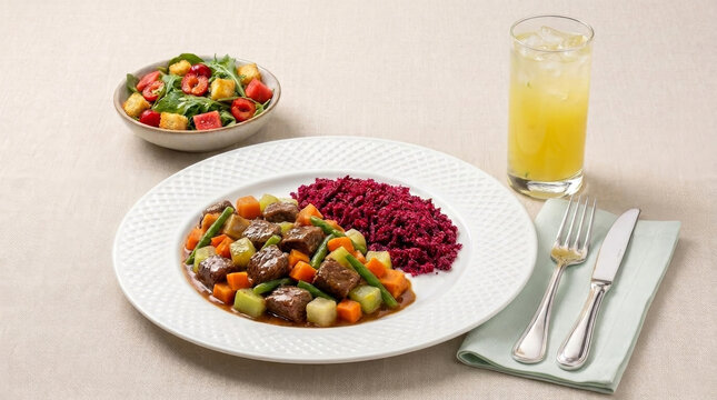 Diced beef with vegetables, beetroot risotto, green salad, and pineapple and mint juice.