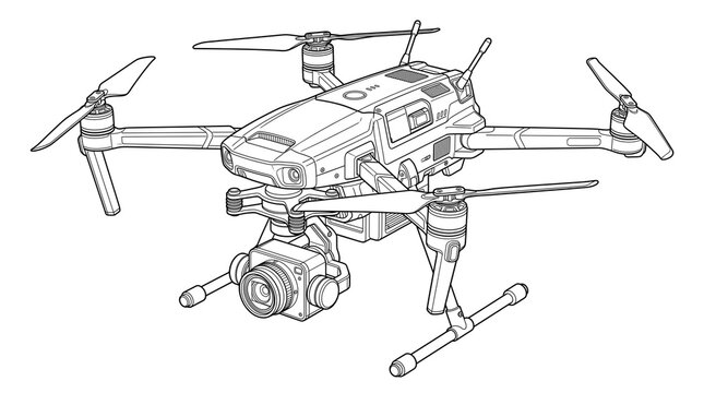 Technical drone line art illustration, professional quadcopter with 4k camera gimbal, modern uav drone sketch for coloring book or manual