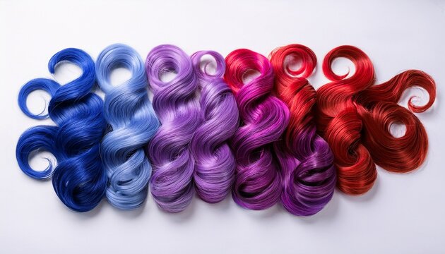 colorful curly hair extensions in purple red and blue on white background
