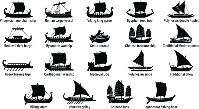 Historical Ship Silhouette Icon Collection Featuring Viking Longships Triremes Junks Dhows and Merchant Vessels