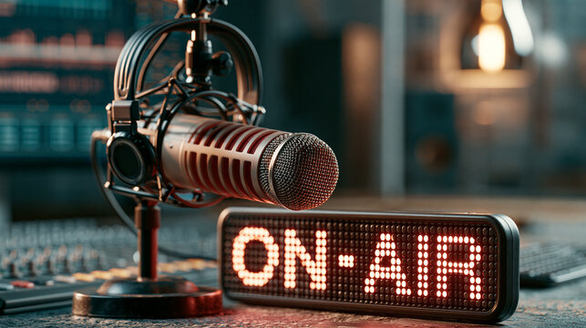 Professional microphone and glowing on-air sign in a studio. Podcast and radio broadcasting concept.