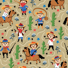 Fototapeta premium Children's vector seamless print design with cowboys and Indians. USA. America. Pattern for boys with American nature and funny characters.