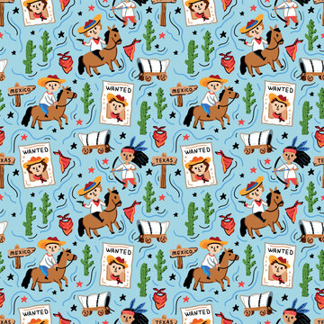 Children's vector seamless print design with cowboys and Indians. USA. America. Pattern for boys with American nature and funny characters.