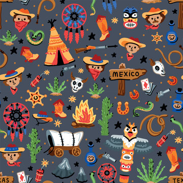 Children's vector seamless print design with cowboys and Indians. USA. America. Pattern for boys with American nature and funny characters.