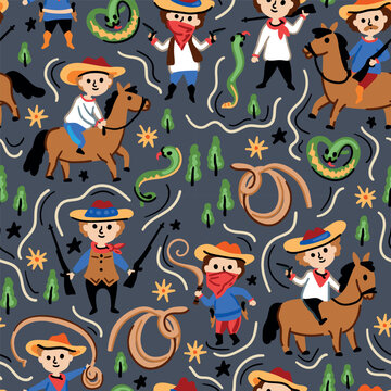 Children's vector seamless print design with cowboys and Indians. USA. America. Pattern for boys with American nature and funny characters.