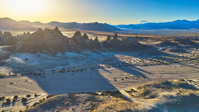 Aerial Trona Pinnacles Dramatic Desert Landscape and Long Shadows California