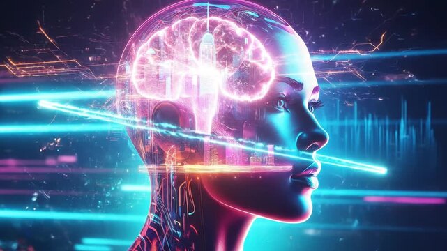 Android profile with glowing neon cityscape inside brain