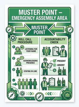 Emergency assembly area and muster point safety infographic