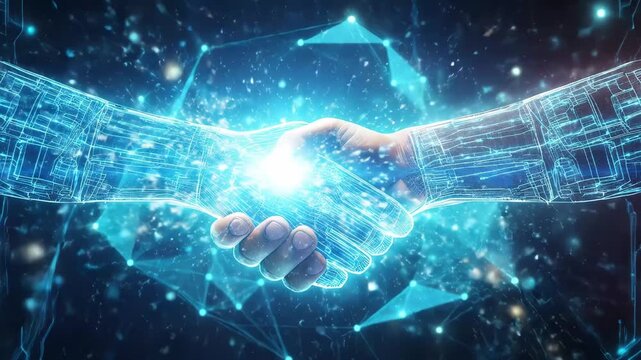 Digital handshake between two holographic hands on grid background.