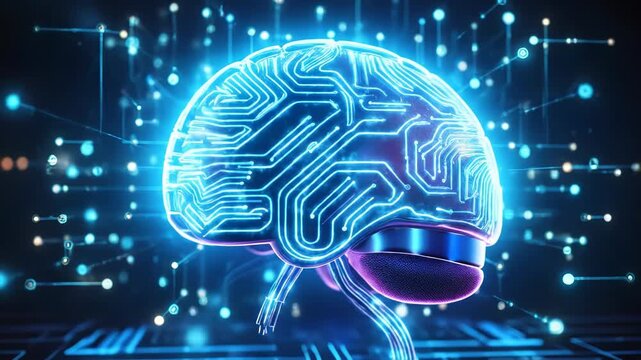 Digital human brain with glowing blue circuit board patterns representing artificial intelligence