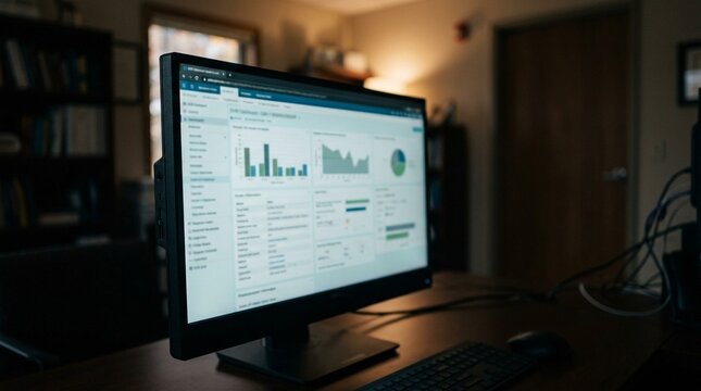 Electronic health record dashboard glowing softly on a widescreen monitor blurred data in a hospital room, medical equipment concept with no people