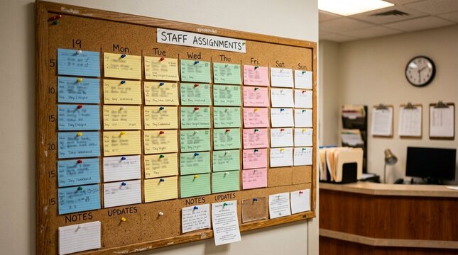 Quiet nurses station bulletin board pinned with color coded shift cards in a hospital room, medical equipment concept with no people