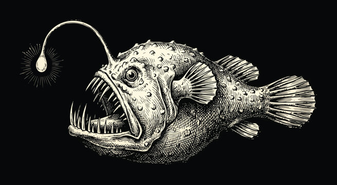 Detailed illustration of an anglerfish with glowing lure on black background