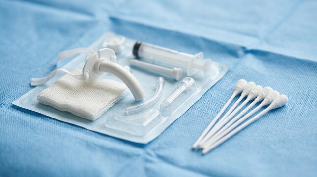 Tracheostomy care kit unwrapped on a sterile field beside cotton swabs in a hospital room, medical equipment concept with no people