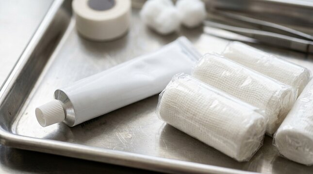 Zinc oxide ointment tube resting beside gauze rolls on a wound care tray in a hospital room, medical equipment concept with no people