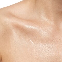 Fototapeta premium Macro photograph of human neck and collarbone skin with moisturizing serum