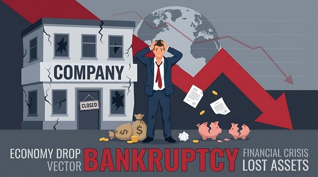 Company Bankruptcy Vector Concept with Stressed Businessman, Broken Piggy Bank, and Stock Market Drop