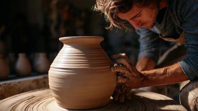 A young man intensely works on a pottery wheel, forming a symmetrical clay vase in a bright, artistic workspace. The scene captures dedication, handmade artistry, and the beauty of traditional crafts