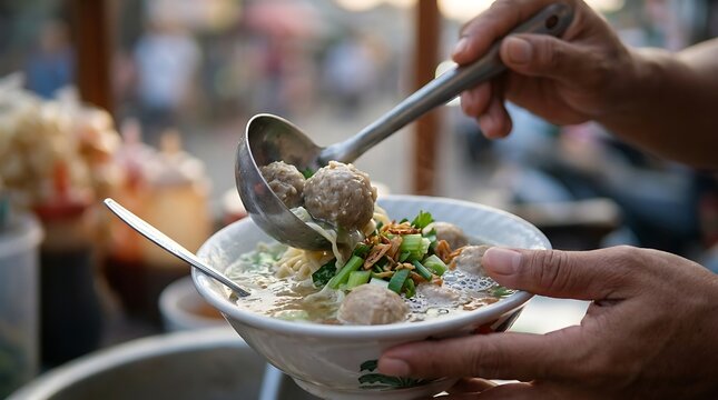 Person serving traditional indonesian meatball soup bakso into a bowl