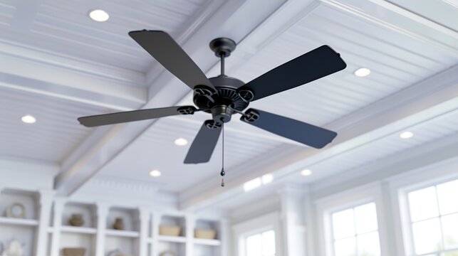Contemporary ceiling fan with dark blades suspended under a sunlit white ceiling in a bright living room