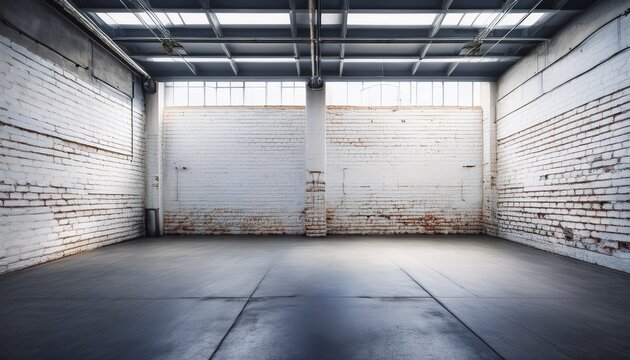 empty industrial space with weathered white brick wall and concrete floor