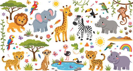 Cute safari animals cartoon vector illustration collection featuring baby lion giraffe elephant zebra and leopard characters for kids educational preschool designs © Protima
