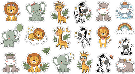 Cute safari jungle animal cartoon characters sticker sheet with lion elephant giraffe zebra and hippo for kids birthday scrapbook and nursery wall decor design © Protima