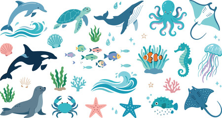 Cute sea animals marine life cartoon clip art collection featuring whale dolphin turtle octopus and sea creatures for children educational nursery design © Protima
