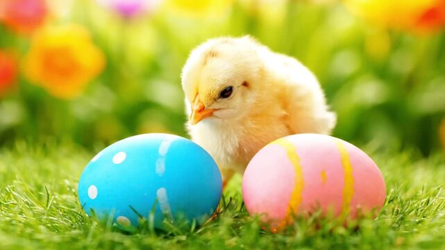 Young chick stands beside colorful Easter eggs in a vibrant grassy outdoor setting during springtime festivities.