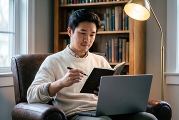 Fototapeta premium Generative AI, Focused man studying with notebook and laptop in a home library