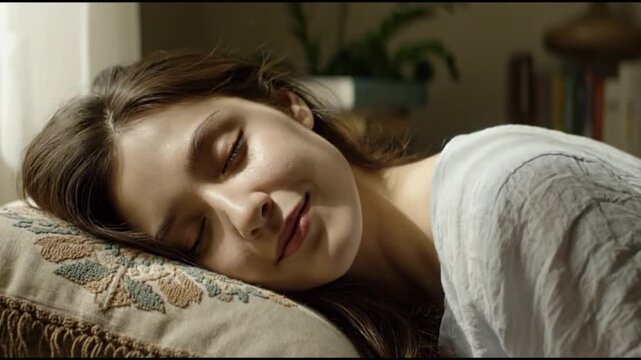 Woman peacefully sleeping on a bed with a cozy quilt and a pillow in a softly lit room.