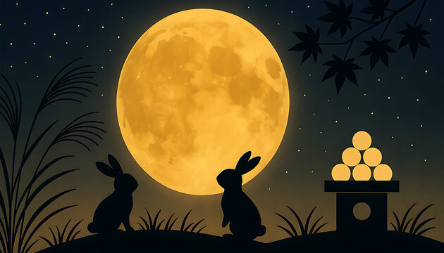 満月とうさぎが彩る十五夜のお月見風景