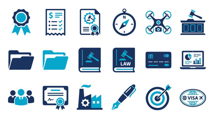 A set of eighteen blue icons representing legal, business, and corporate themes like law books, gavels, documents, and financial data. © Salsa