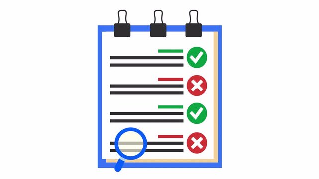 Clipboard checklist with passed and failed status marks and a magnifying glass cartoon animation isolated in an alpha channel for a document inspection symbol and quality control audit concept.