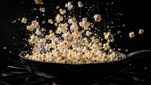 Fresh popcorn popping and flying out of a black cooking pot against a dark background