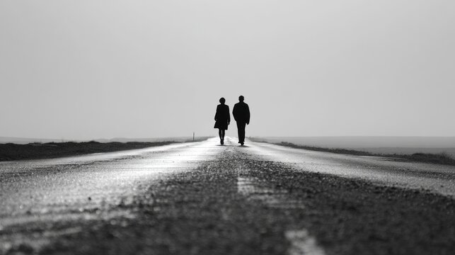 Couple walking distant road grayscale
