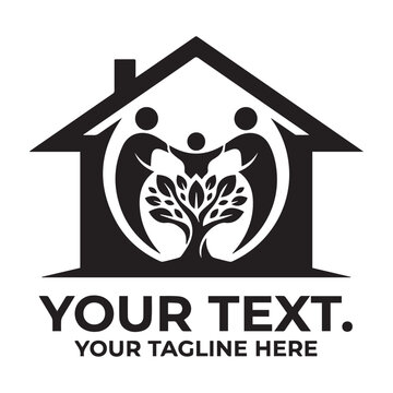 A black company logo featuring a happy family standing under a protective roof while holding a flourishing organic tree to represent sustainable living and community care for real estate