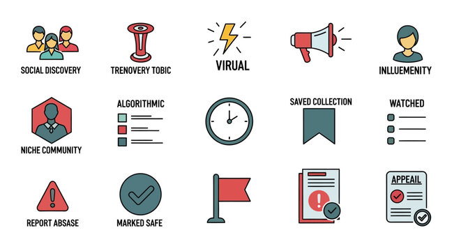 Social discovery and community moderation icon set.