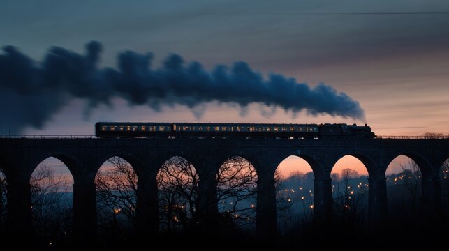 Steam train crossing stone arched viaduct