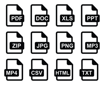 File Format Vector Icon Set Featuring PDF DOC XLS PPT ZIP JPG PNG MP3 MP4 CSV HTML TXT Document Extensions Perfect Silhouette Collection for Web App and Computer Design Projects