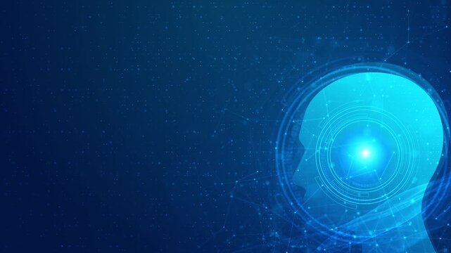 Cyan AI mind 19 visual glowing human profile, scanner rings, network particles, blue digital space. Perfect for cognitive computing , robotics concepts, software demos, science explainers,