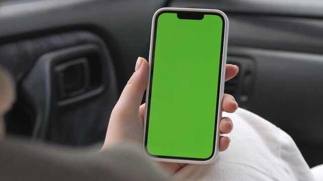 Hand holds phone with green screen inside car. Person wears white clothes, seated comfortably. View focuses on phone, not face. Ideal for app demos, mobile marketing, or travel content