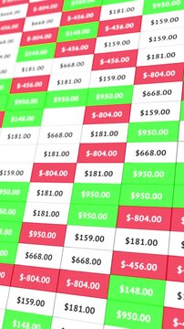 Financial spreadsheet profit loss green and red money cells, blurred numeric values, market table motion. finance reports, accounting videos, budget analysis, trading screens, and business overlays.