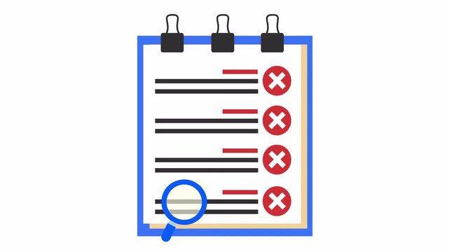 Clipboard checklist with red cross error marks and magnifying glass cartoon animation for failed quality control audit concept with rejected document and inspection lens isolated on an alpha channel.